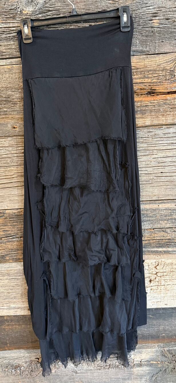 Italian 100% Silk Black Tiered Maxi Skirt Tube Dress Raw Edge Boho Lagenlook S